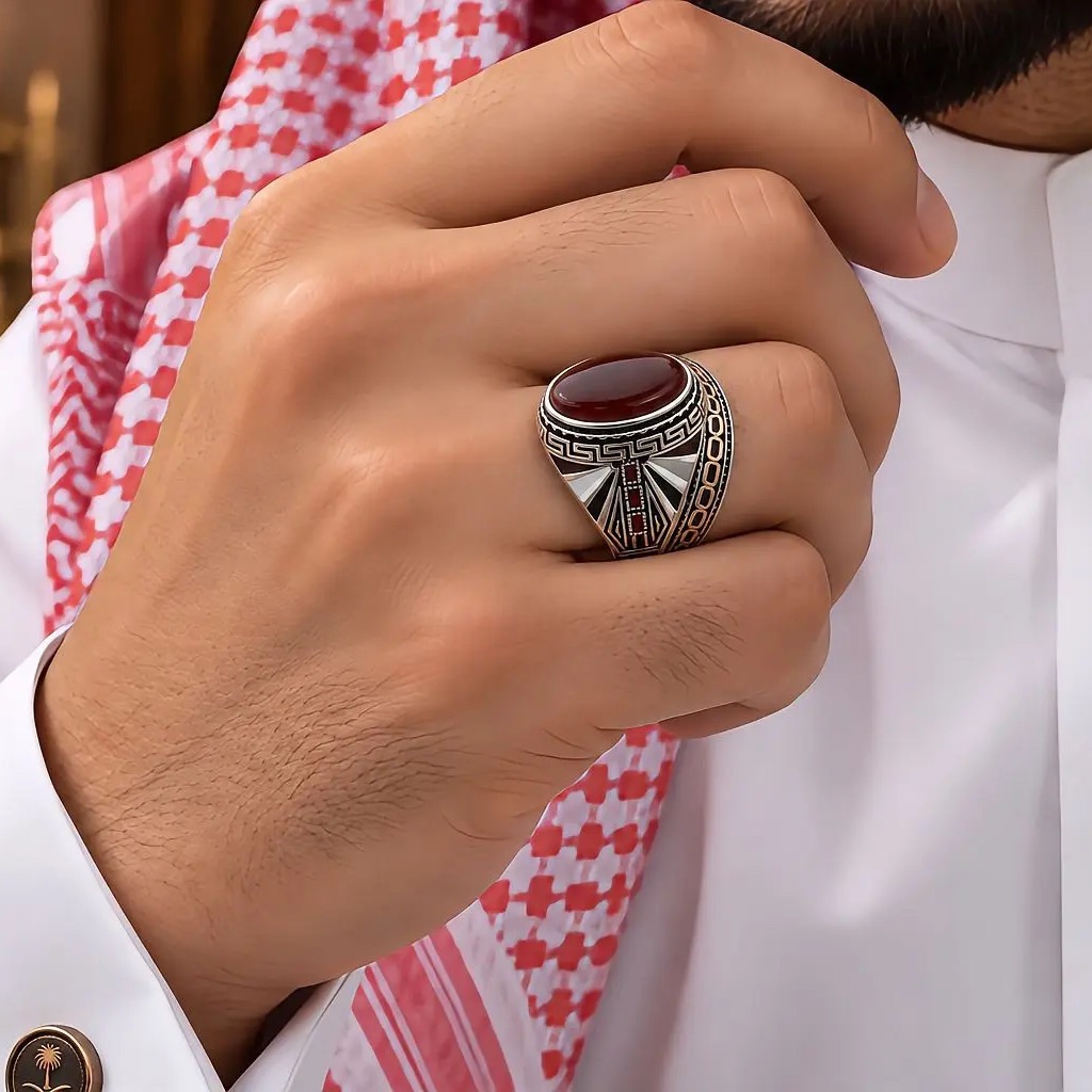 خاتم عقيق يماني مع دبلة فضة رجالي فخمة جدا – النعمان للفضة
